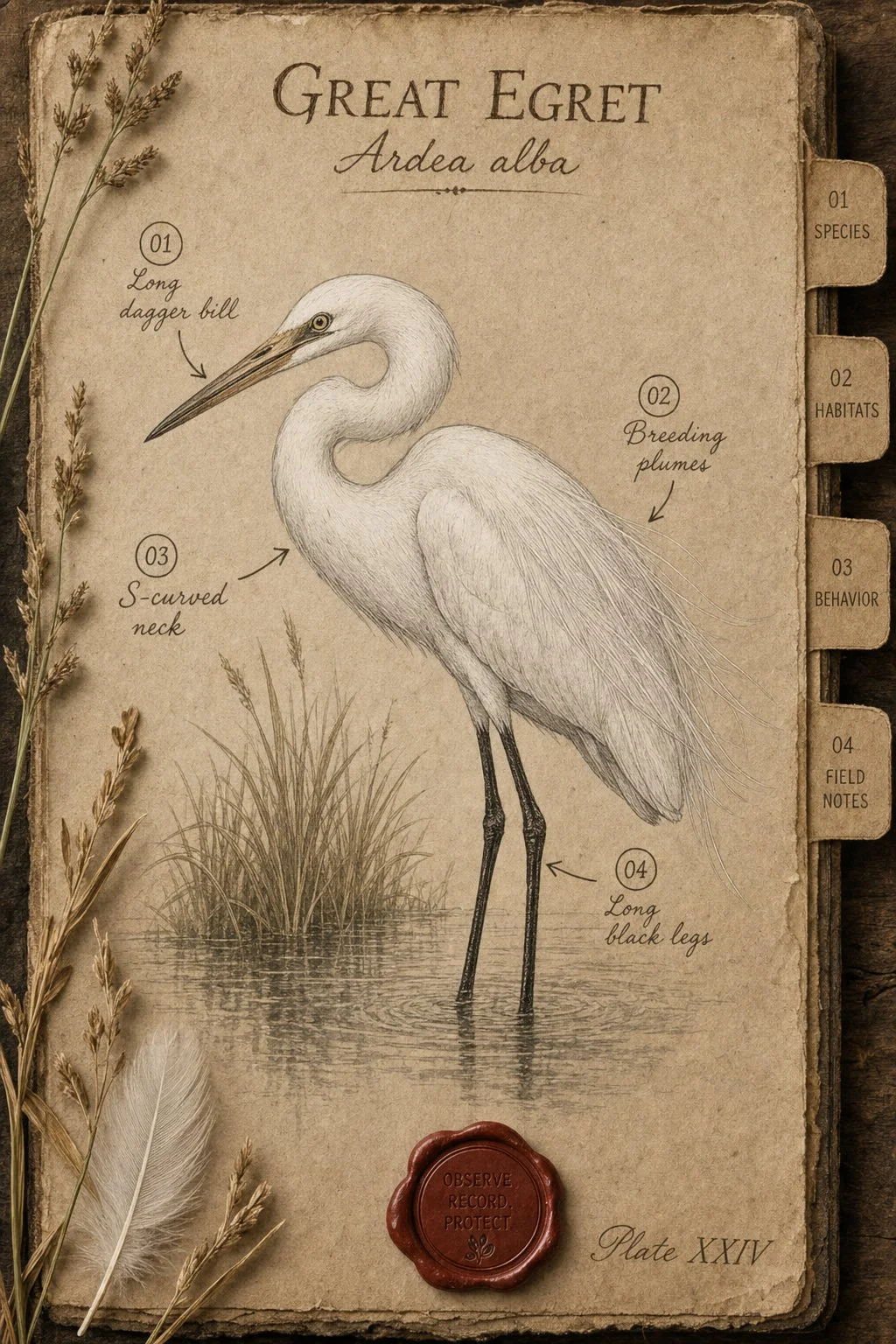 Great egret - Ardea alba - naturalist's plate