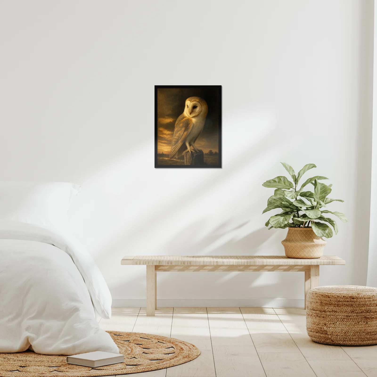 Barn Owl framed at 16x20 inches, shown on a wall to scale