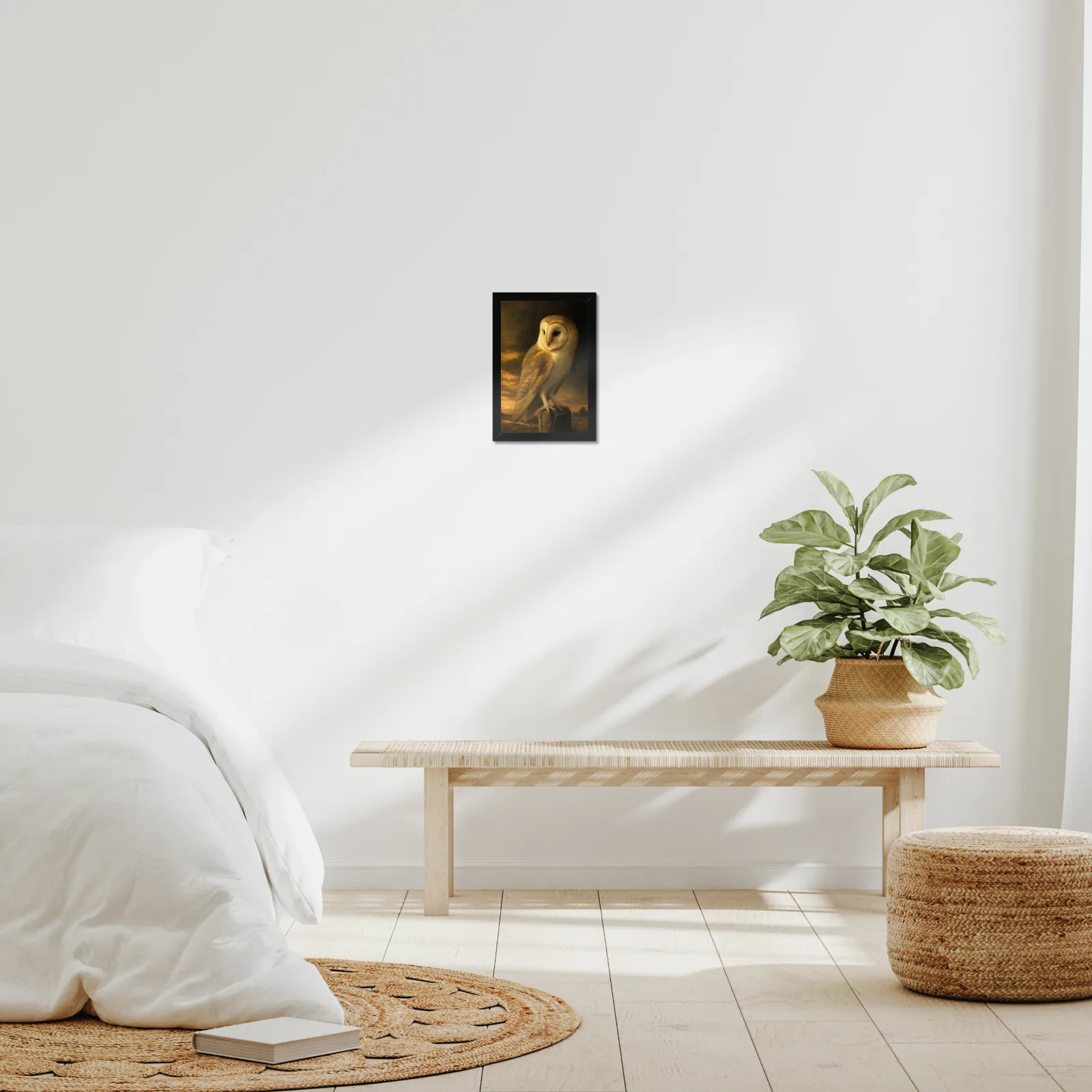 Barn Owl framed at 8x10 inches, shown on a wall to scale