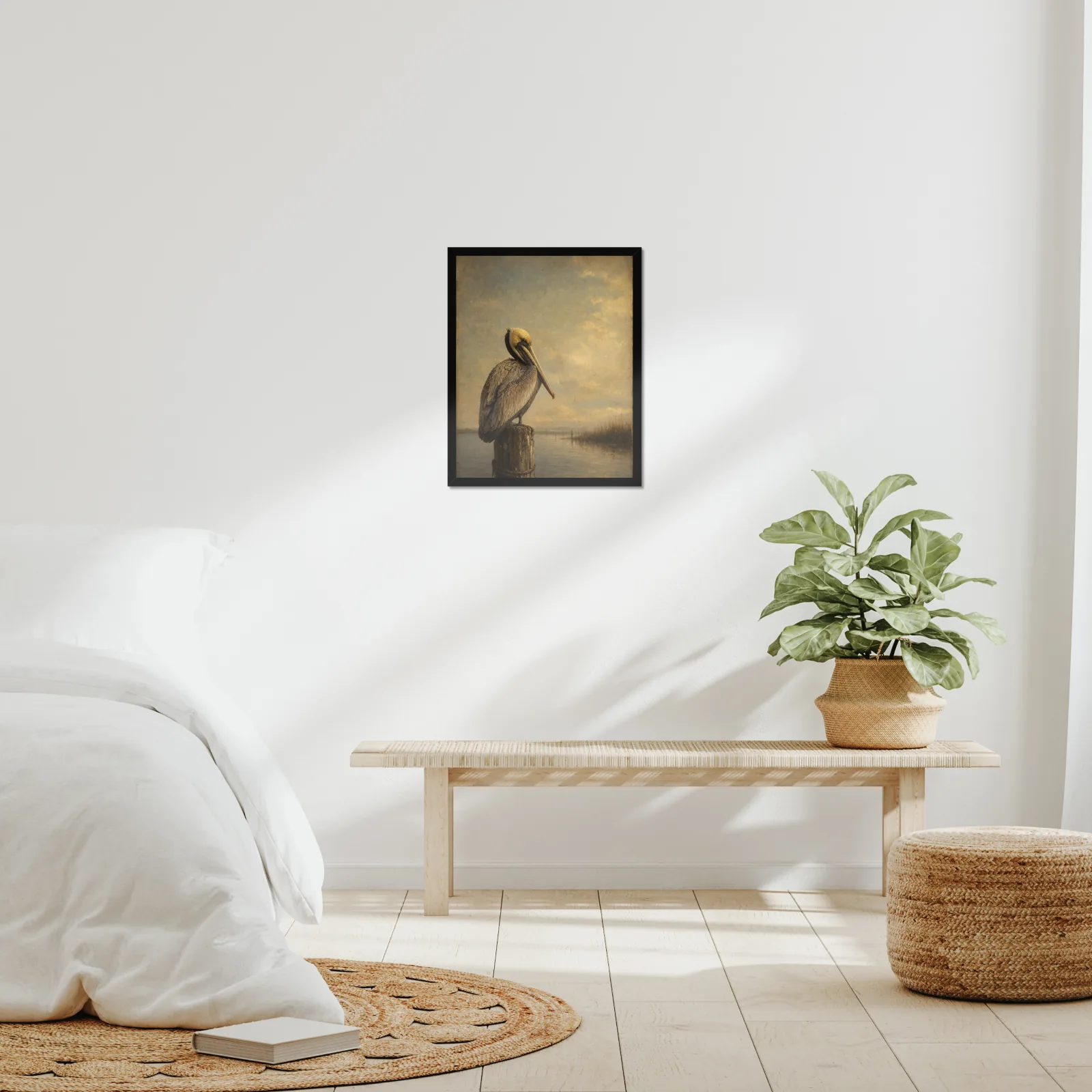 Brown Pelican framed at 16x20 inches, shown on a wall to scale