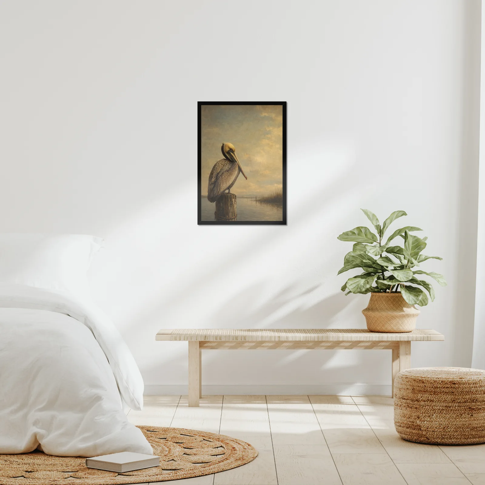 Brown Pelican framed at 18x24 inches, shown on a wall to scale