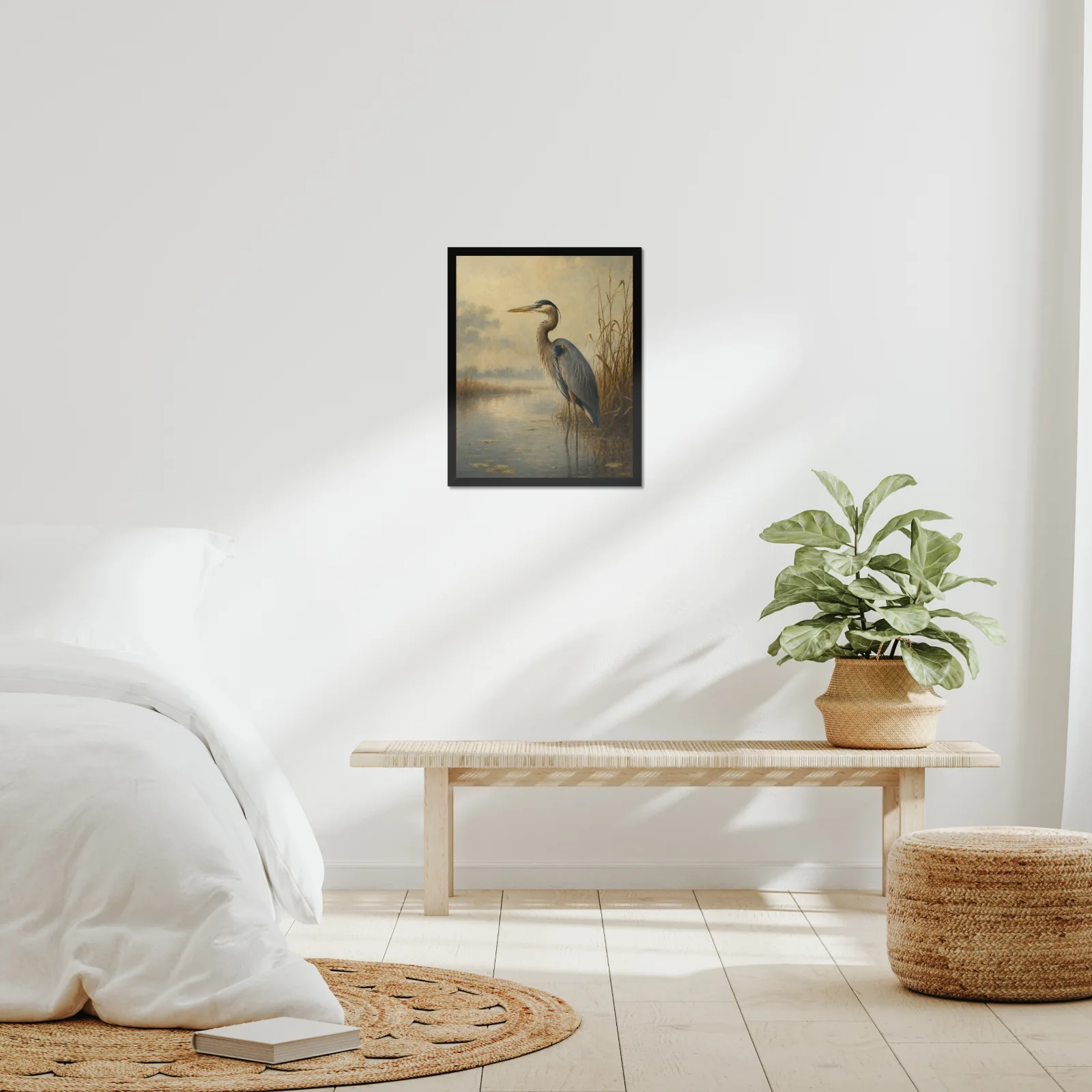 Great Blue Heron framed at 16x20 inches, shown on a wall to scale