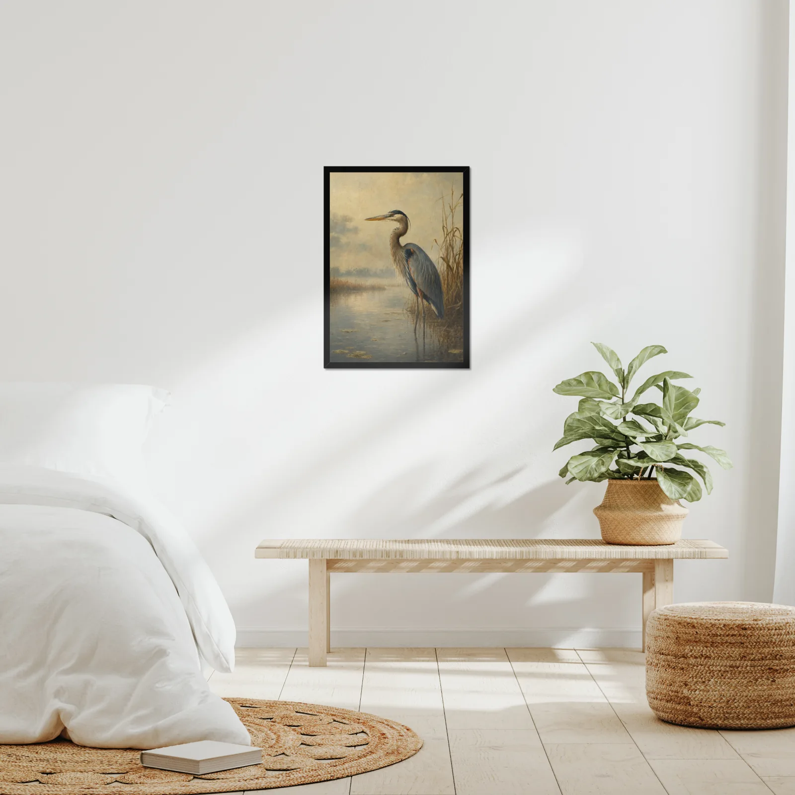 Great Blue Heron framed at 18x24 inches, shown on a wall to scale