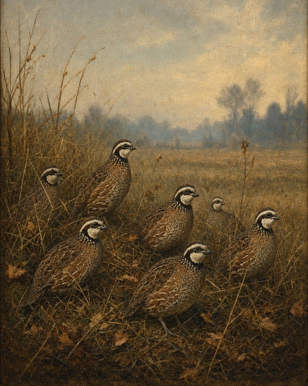 Bobwhite Quail Covey, oil-painting-style print
