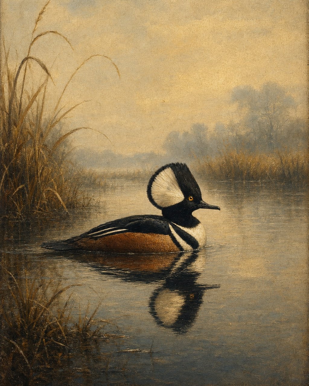 Hooded Merganser Drake, oil-painting-style print