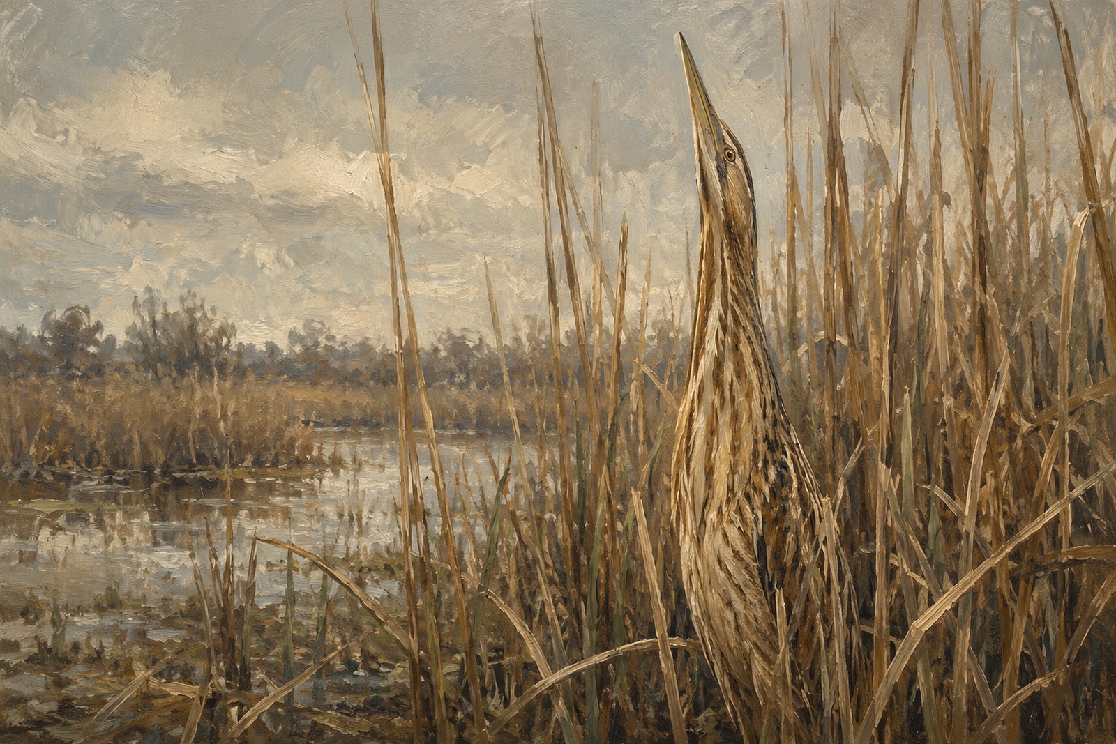 American Bittern Hidden in Reeds, oil-painting-style print