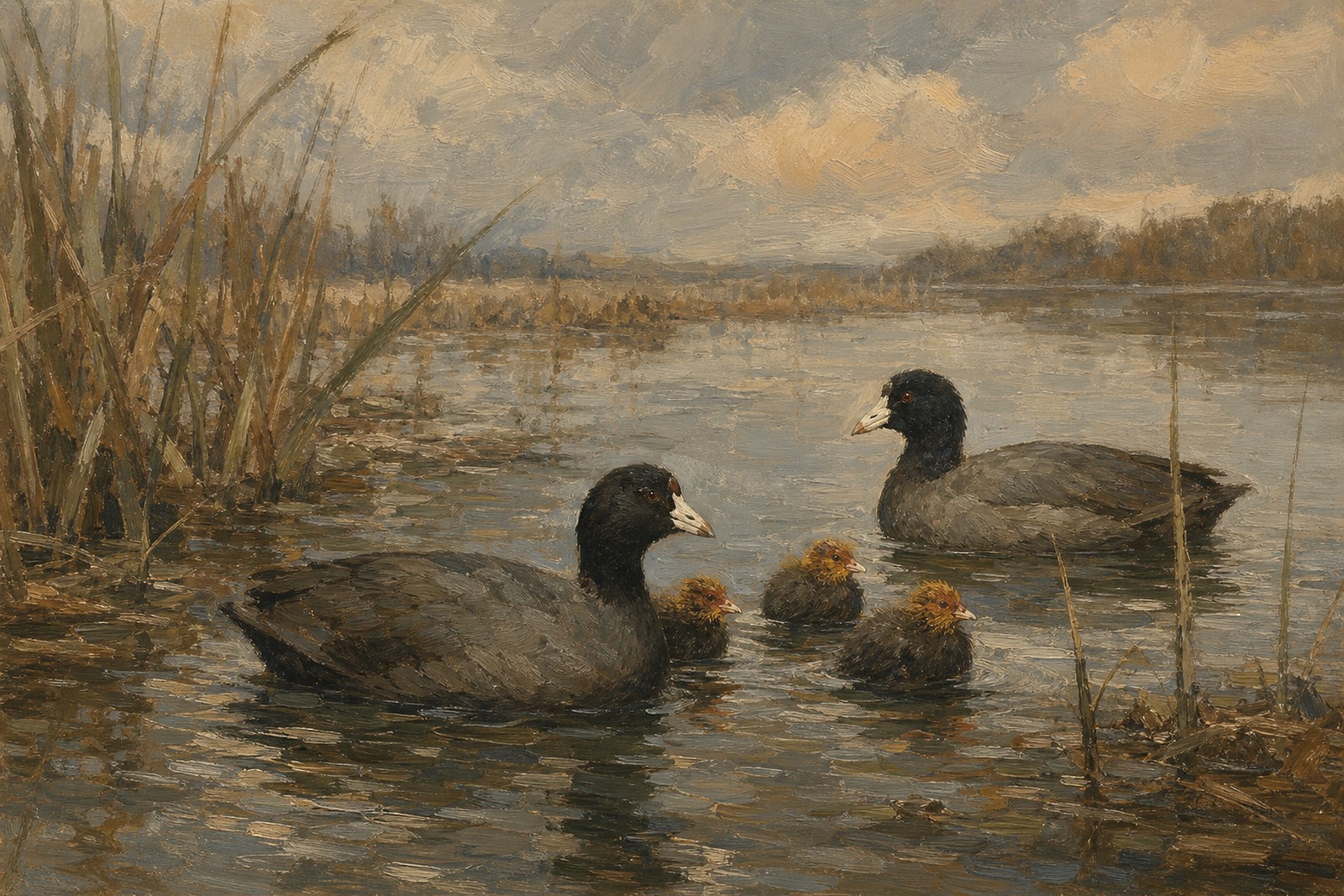 American Coot Family in Quiet Water, oil-painting-style print