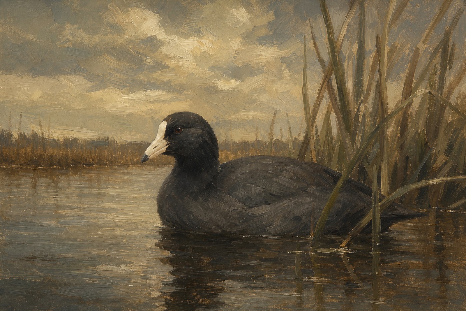 American Coot on Still Pond, oil-painting-style print