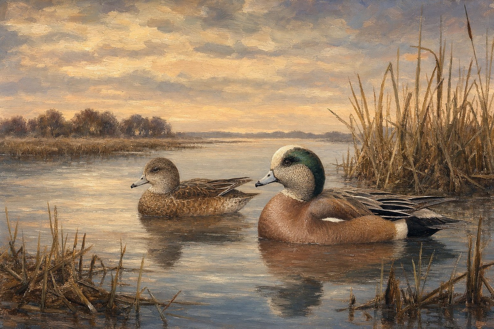 American Wigeon Pair on Quiet Pond, oil-painting-style print