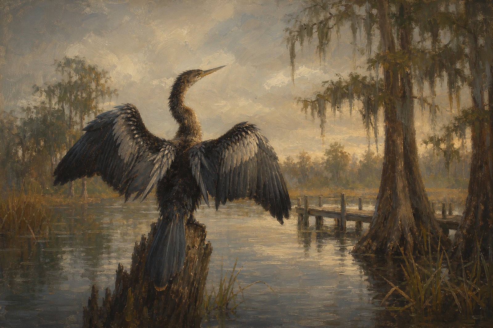 Anhinga Drying Wings in Cypress Swamp, oil-painting-style print