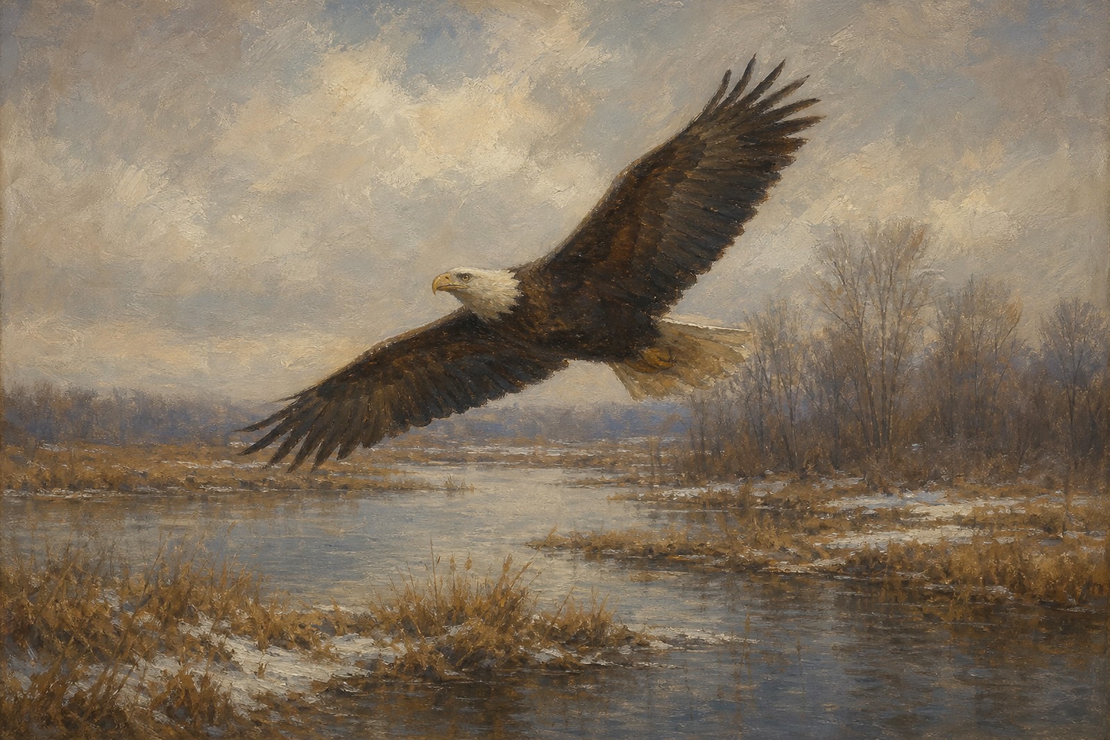 Bald Eagle Over Winter Marsh, oil-painting-style print