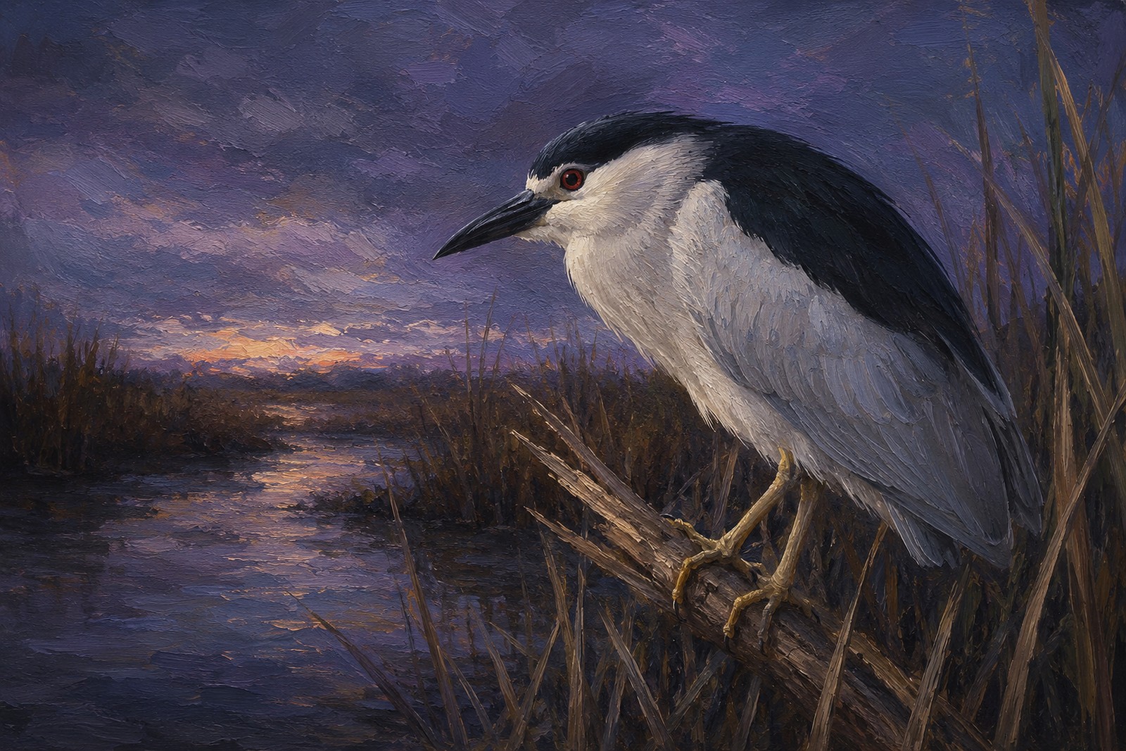 Black-crowned Night Heron at Dusk, oil-painting-style print