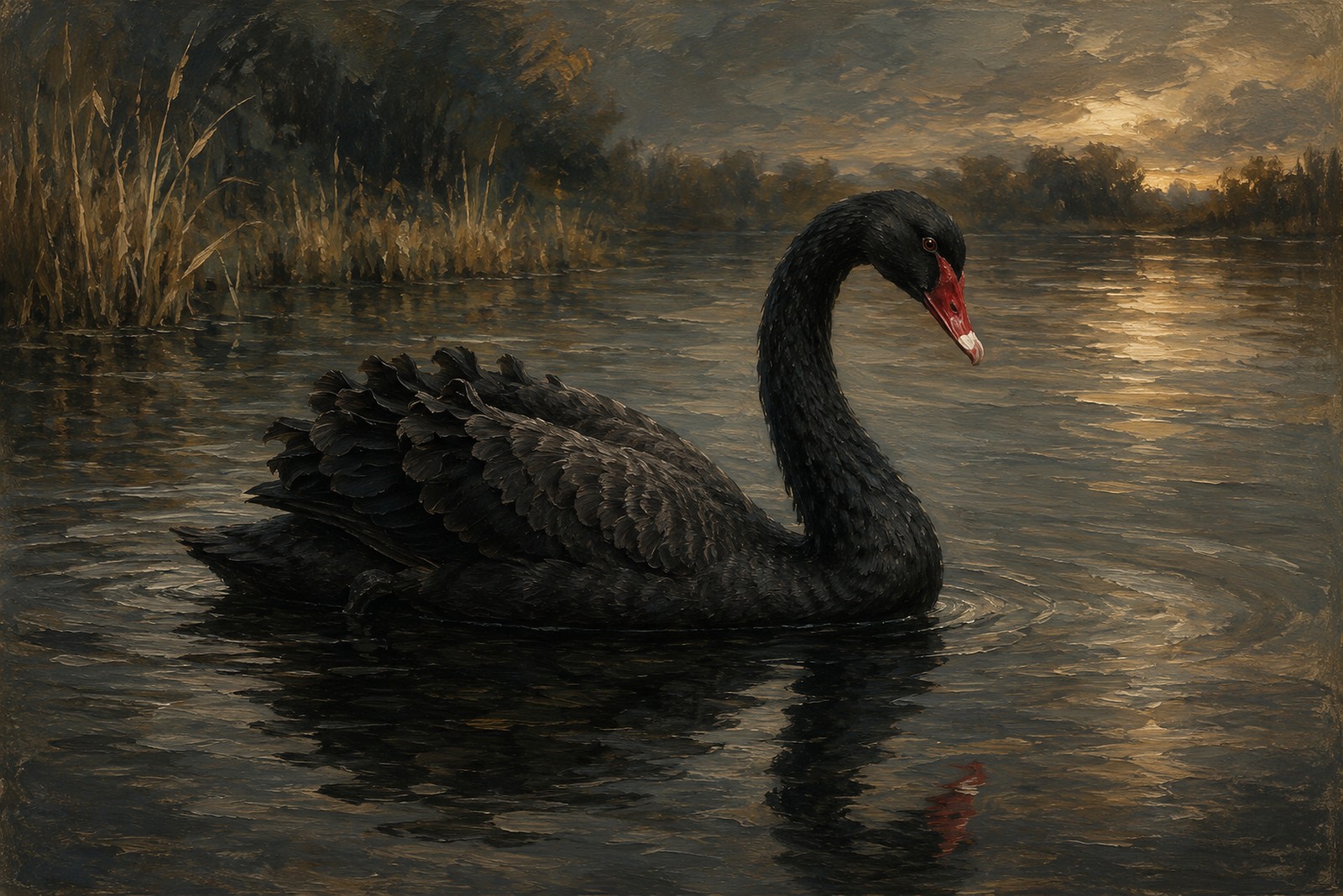 Black Swan on Reflective Water, oil-painting-style print