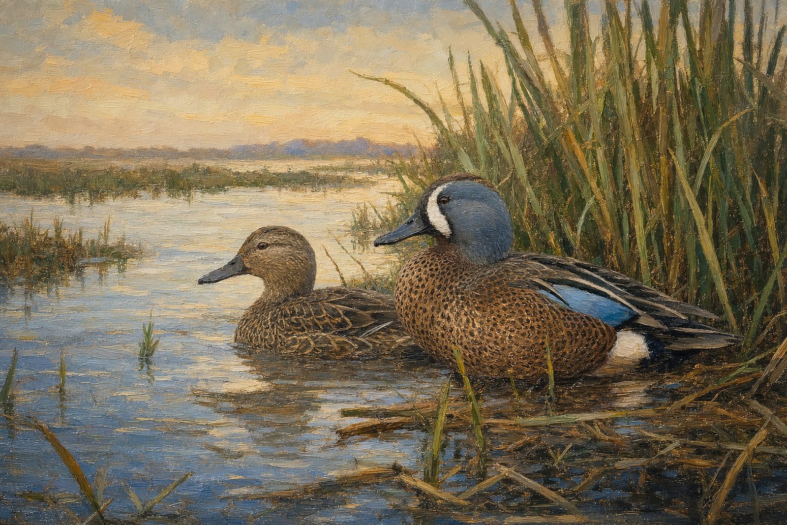Blue-winged Teal at Spring Water, oil-painting-style print