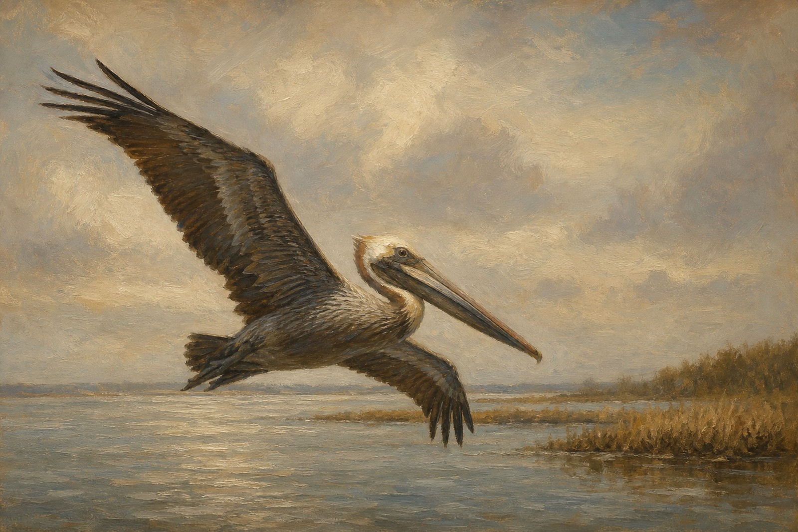 Brown Pelican Over Coastal Water, oil-painting-style print