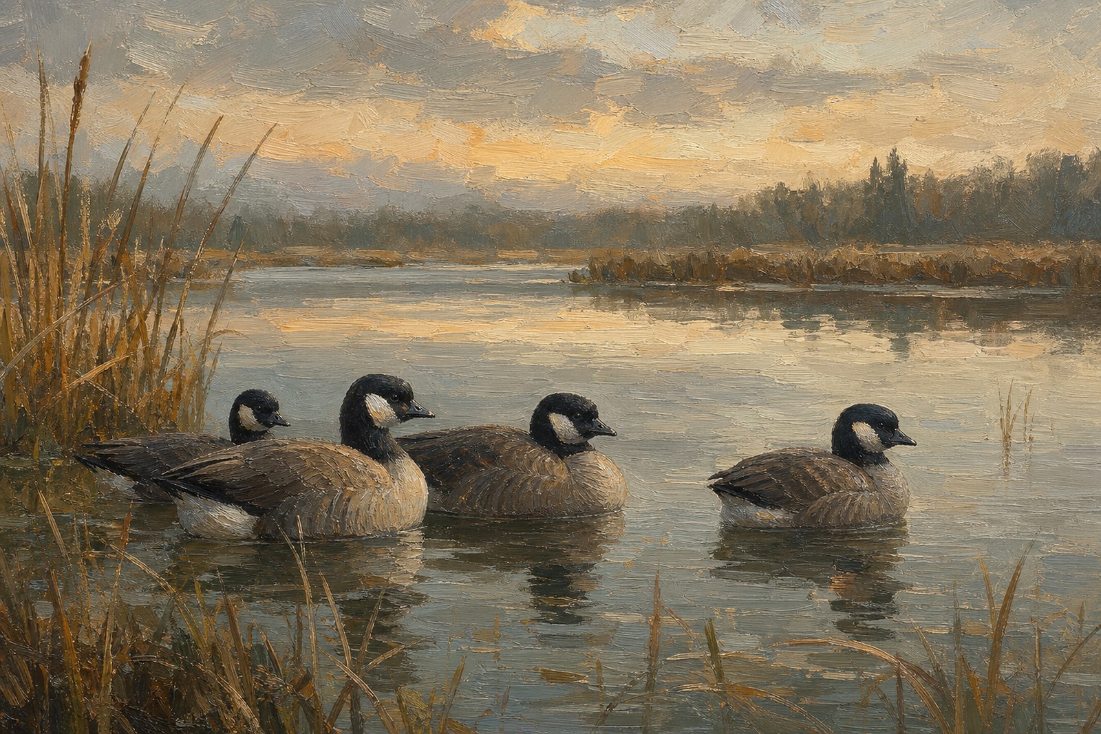 Cackling Geese on Northern Pond, oil-painting-style print