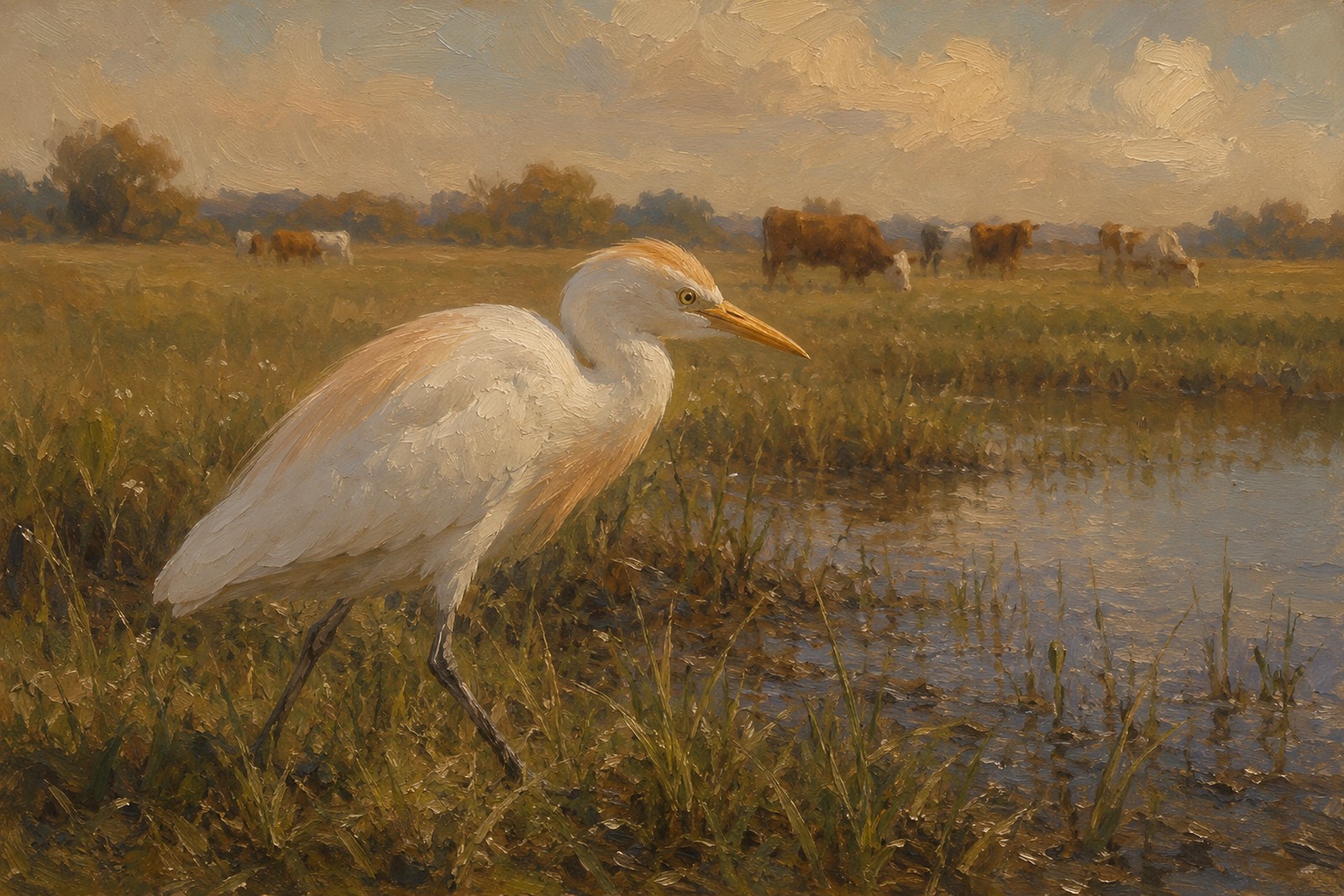 Cattle Egret in Pasture Wetland, oil-painting-style print