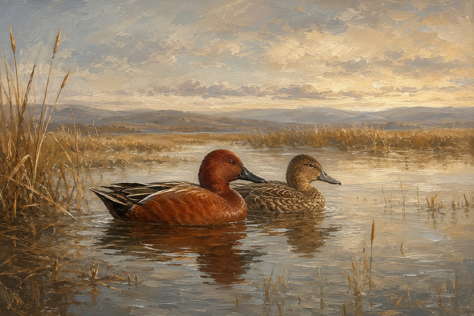 Cinnamon Teal Drake in Western Marsh, oil-painting-style print