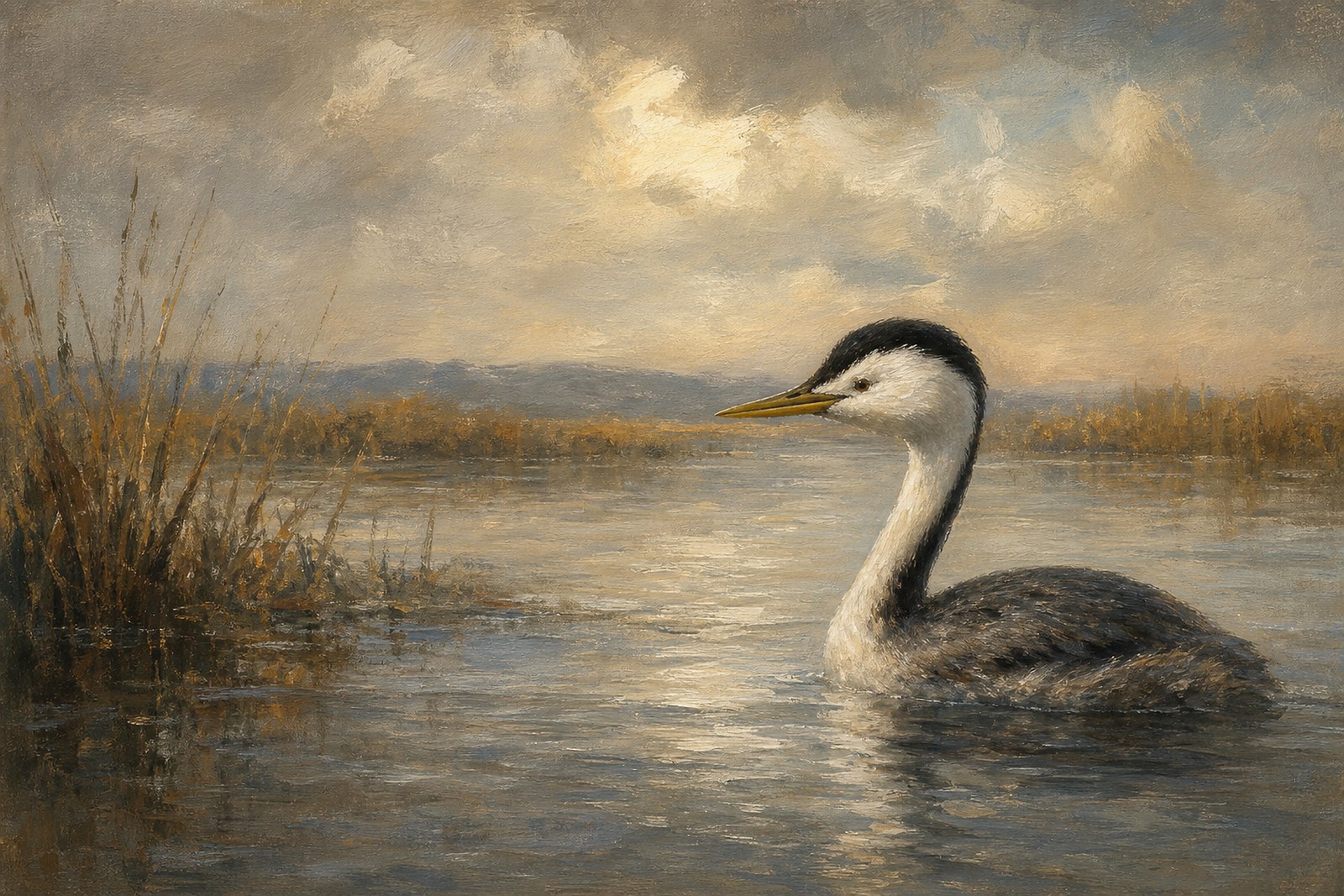 Clark's Grebe in Pale Lake Light, oil-painting-style print