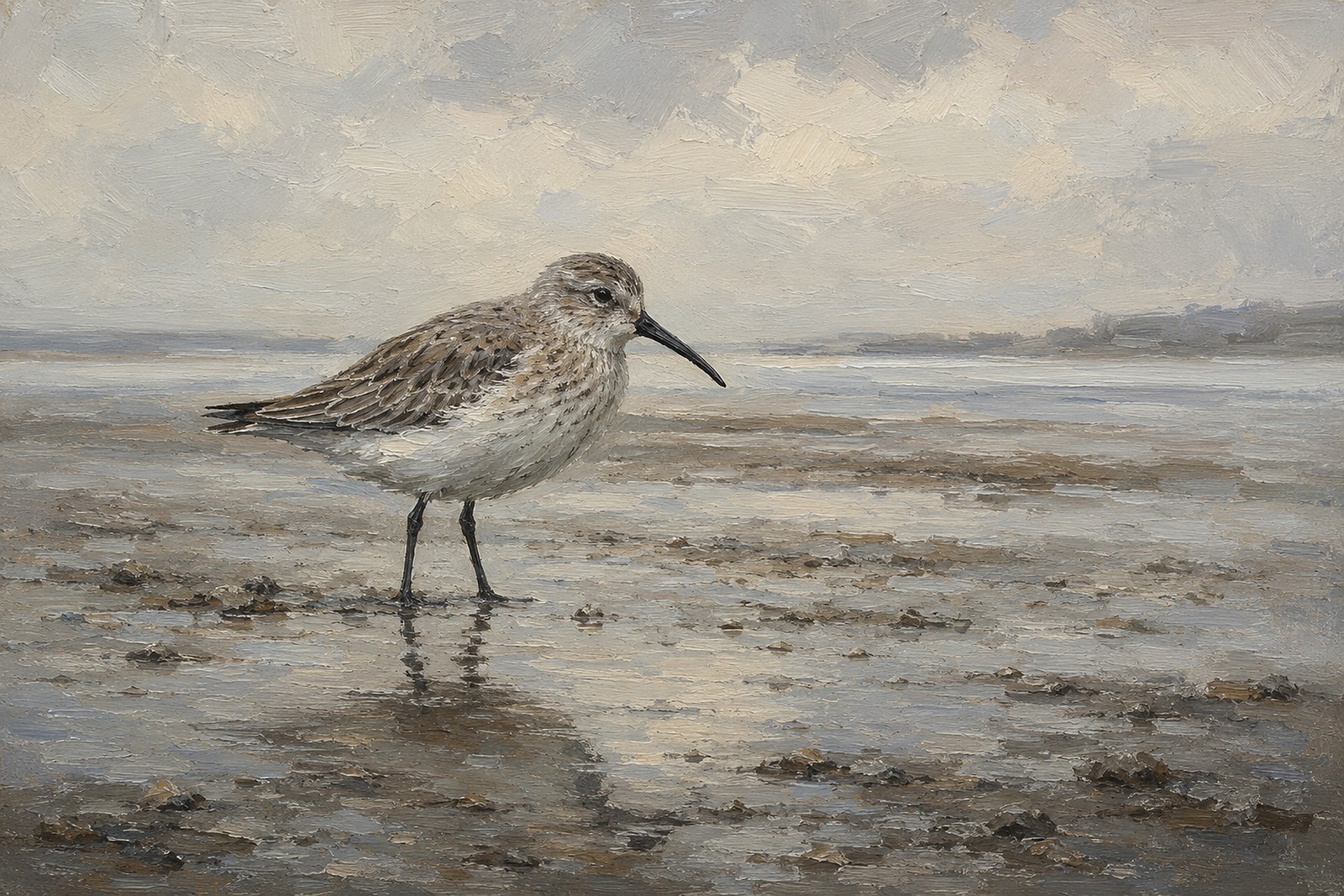 Dunlin in Winter Plumage on Mudflat, oil-painting-style print