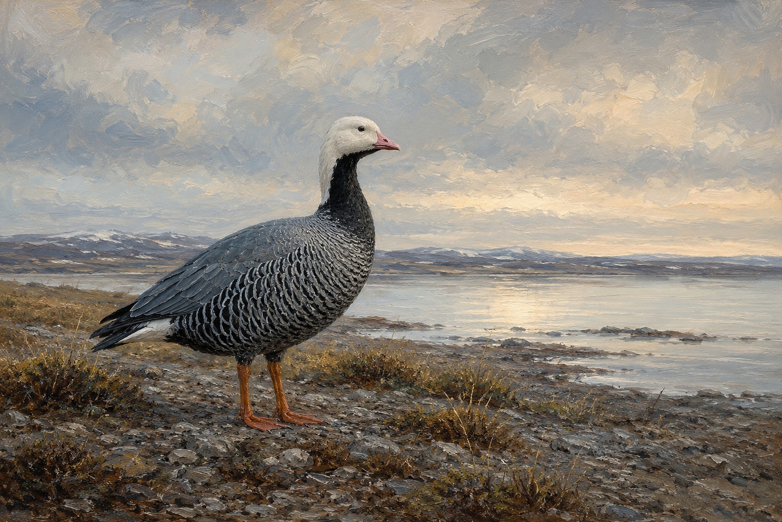 Emperor Goose on Tundra Shore, oil-painting-style print