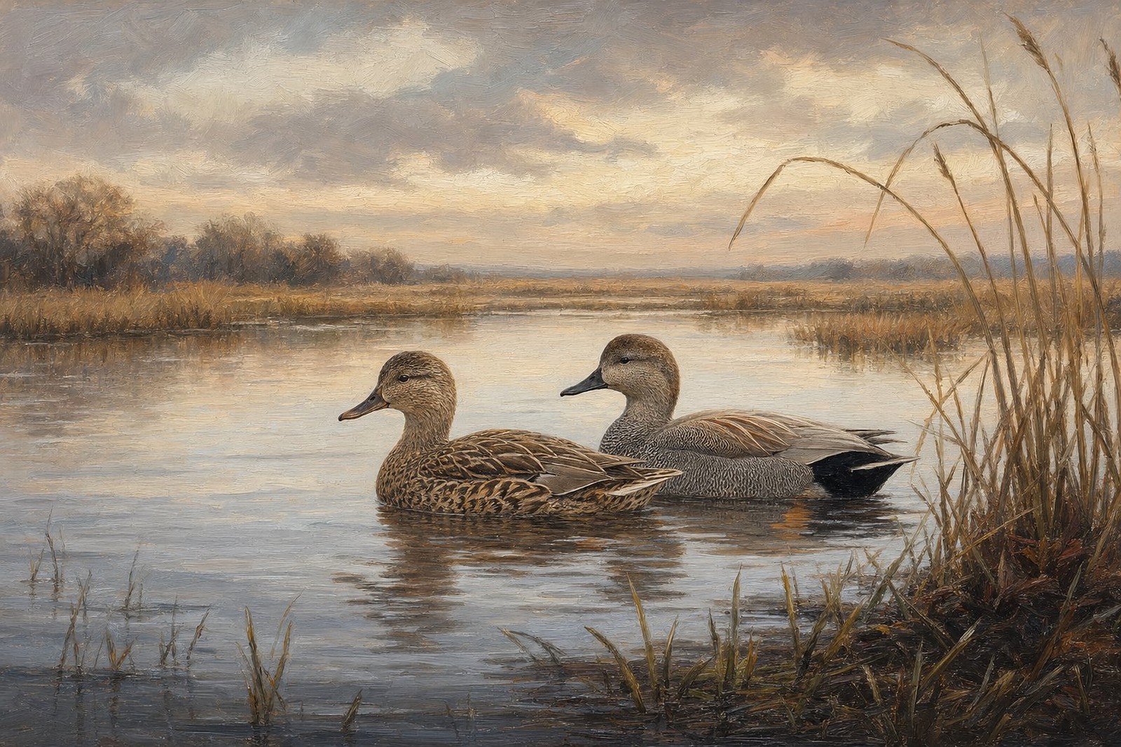 Gadwall Pair in Silver Water, oil-painting-style print