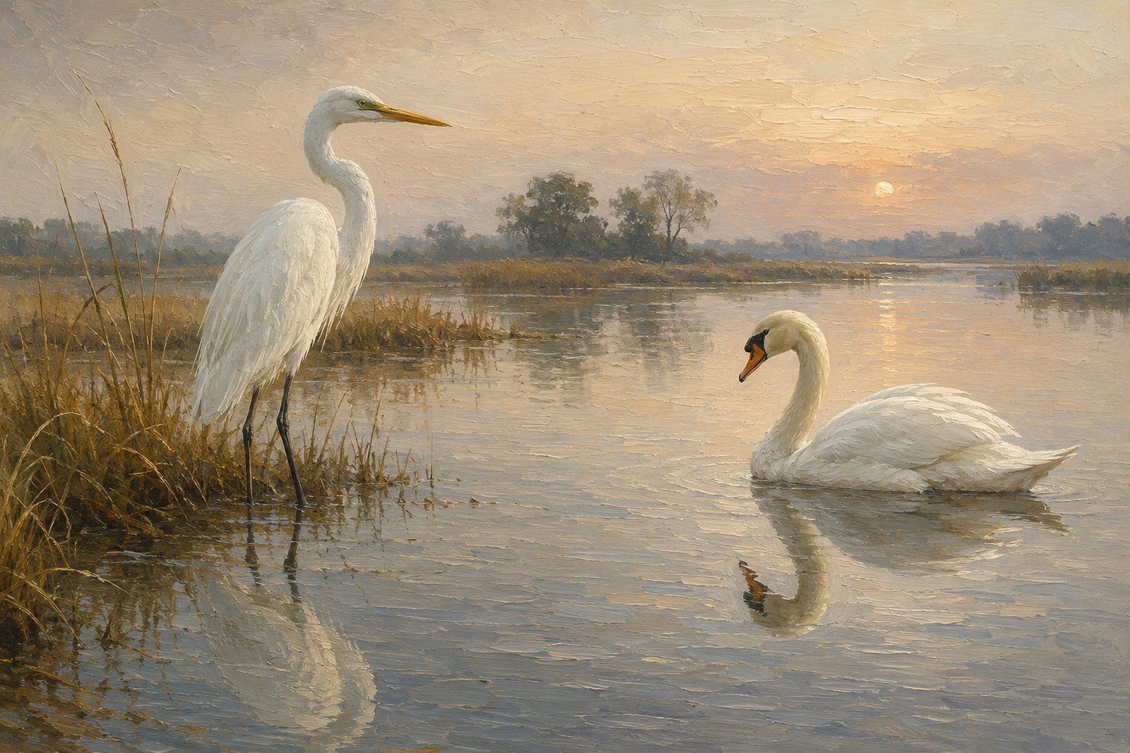 Great Egret and Swan Quiet Water Pairing, oil-painting-style print