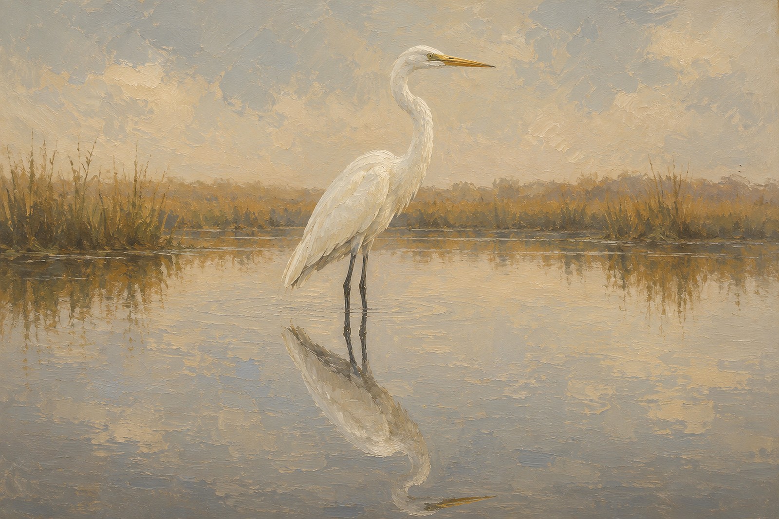 Great Egret with Reflection, oil-painting-style print