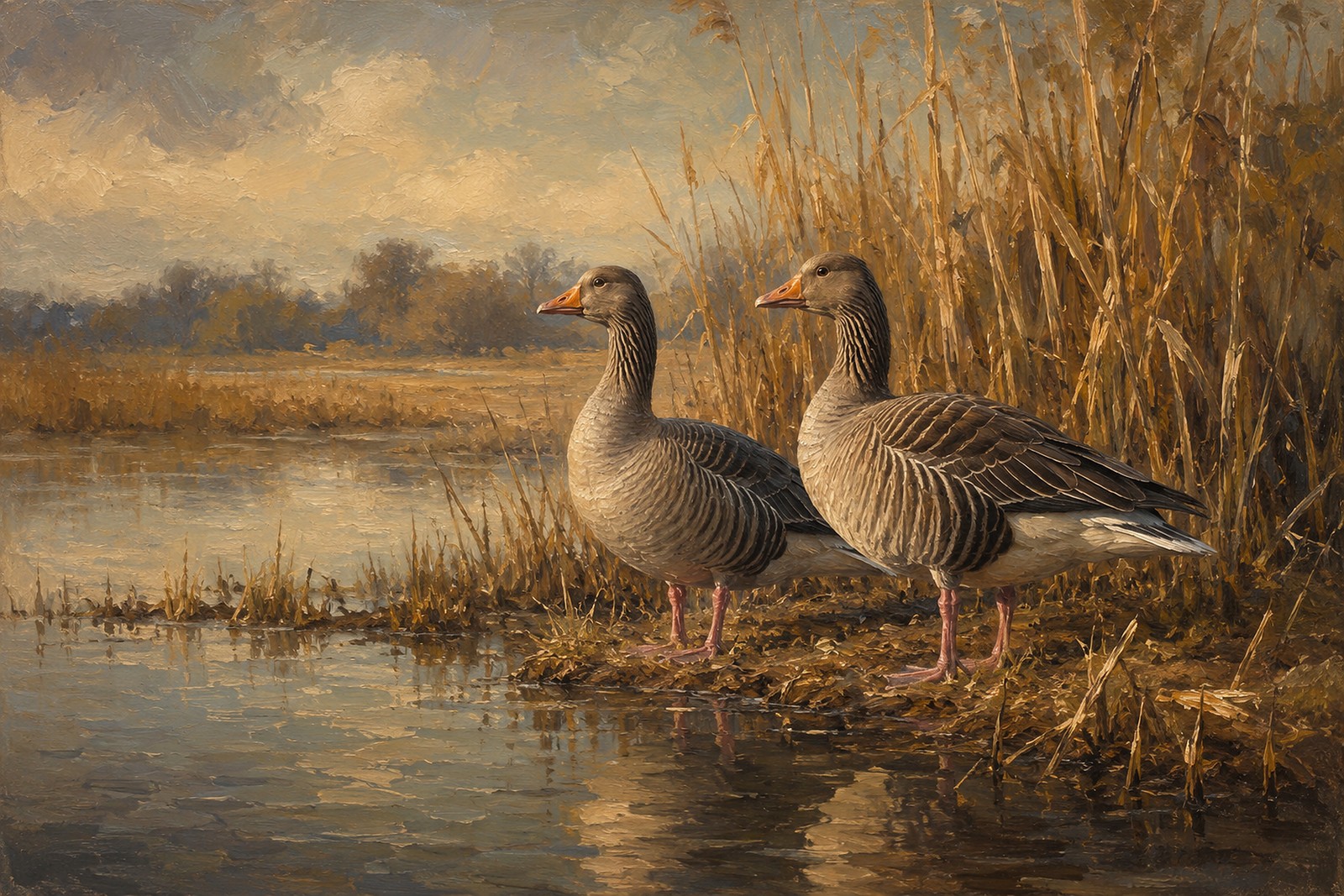 Greylag Geese at Reedbed Edge, oil-painting-style print