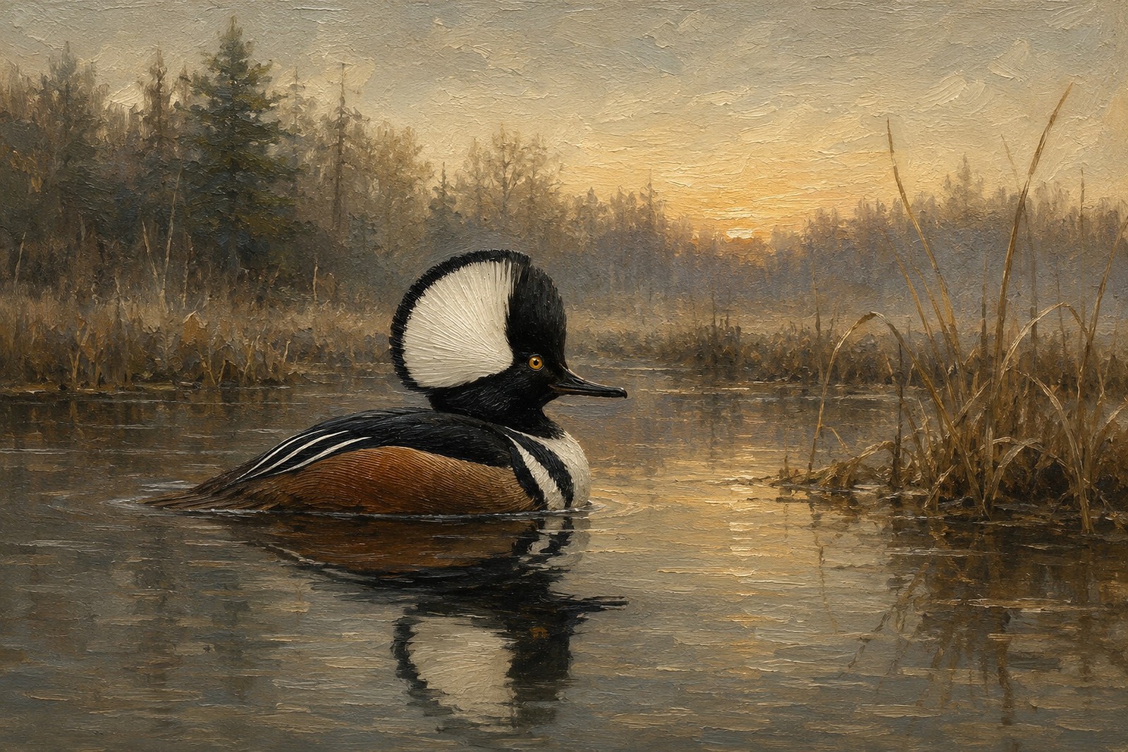 Hooded Merganser Drake in Woodland Pool, oil-painting-style print