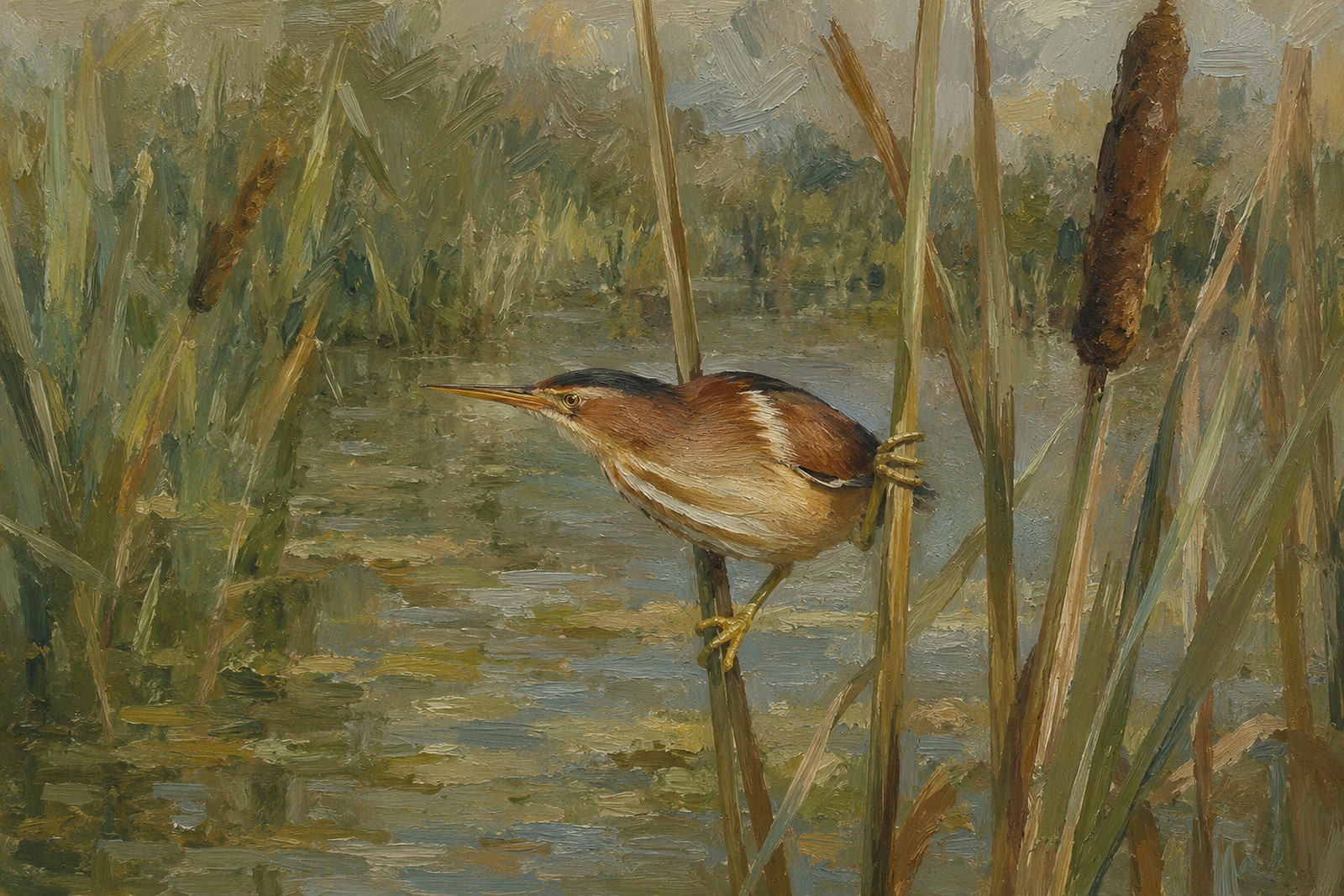 Least Bittern Among Cattails, oil-painting-style print