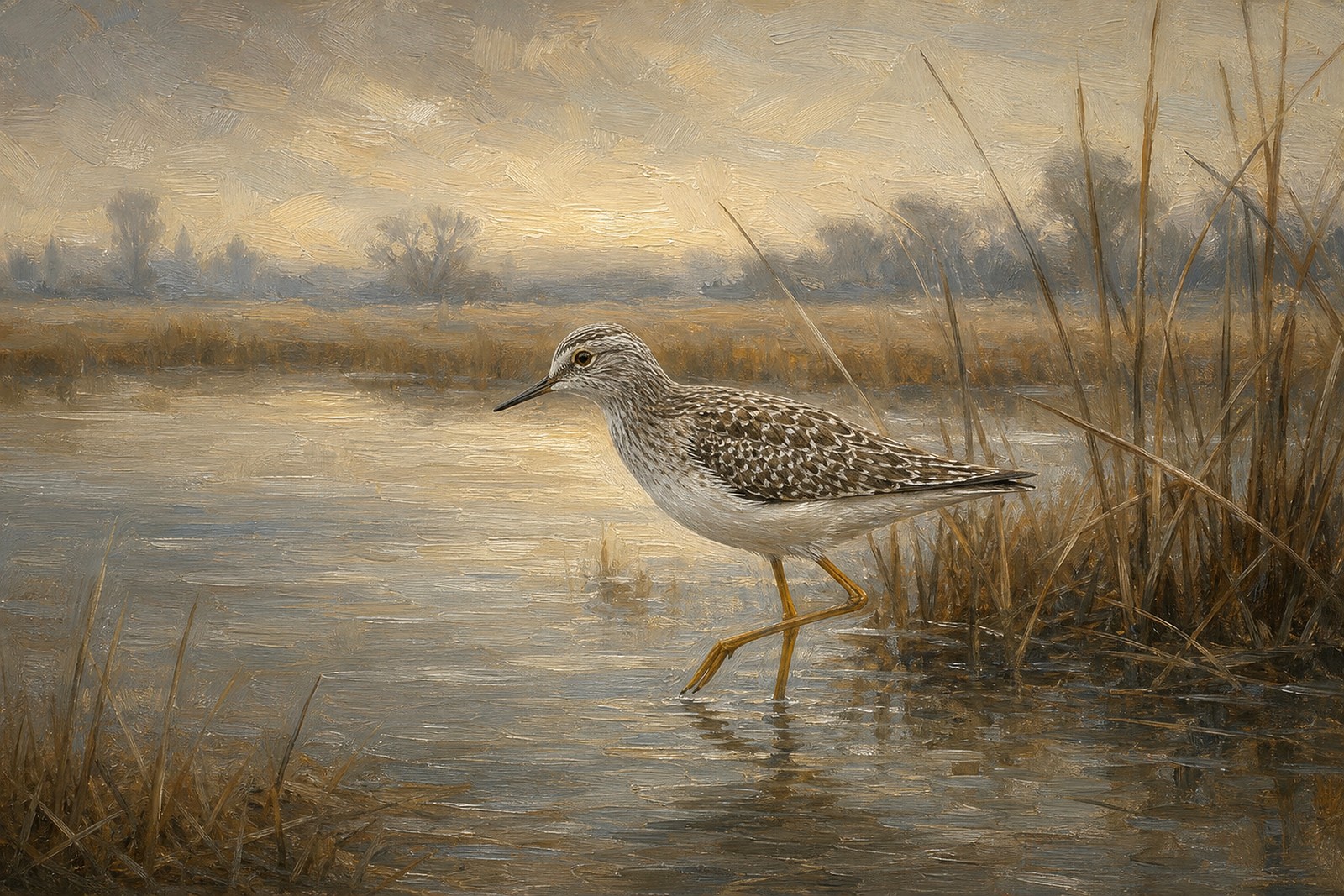 Lesser Yellowlegs in Morning Mist, oil-painting-style print