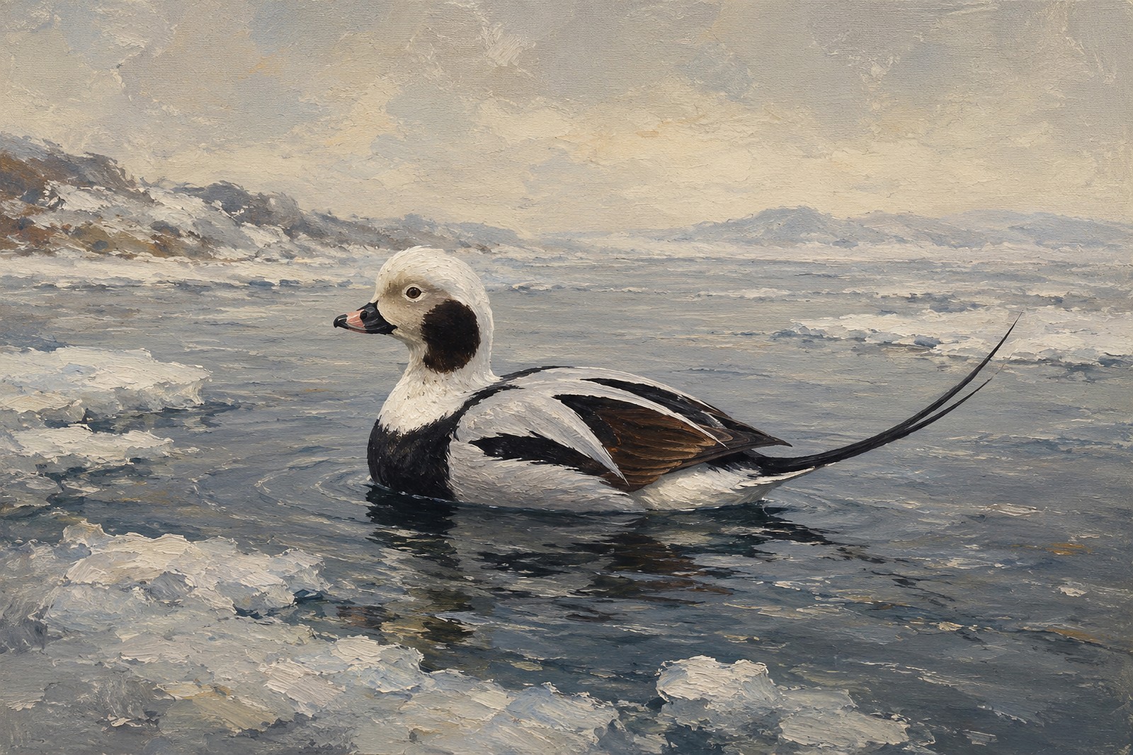Long-tailed Duck on Icy Water, oil-painting-style print