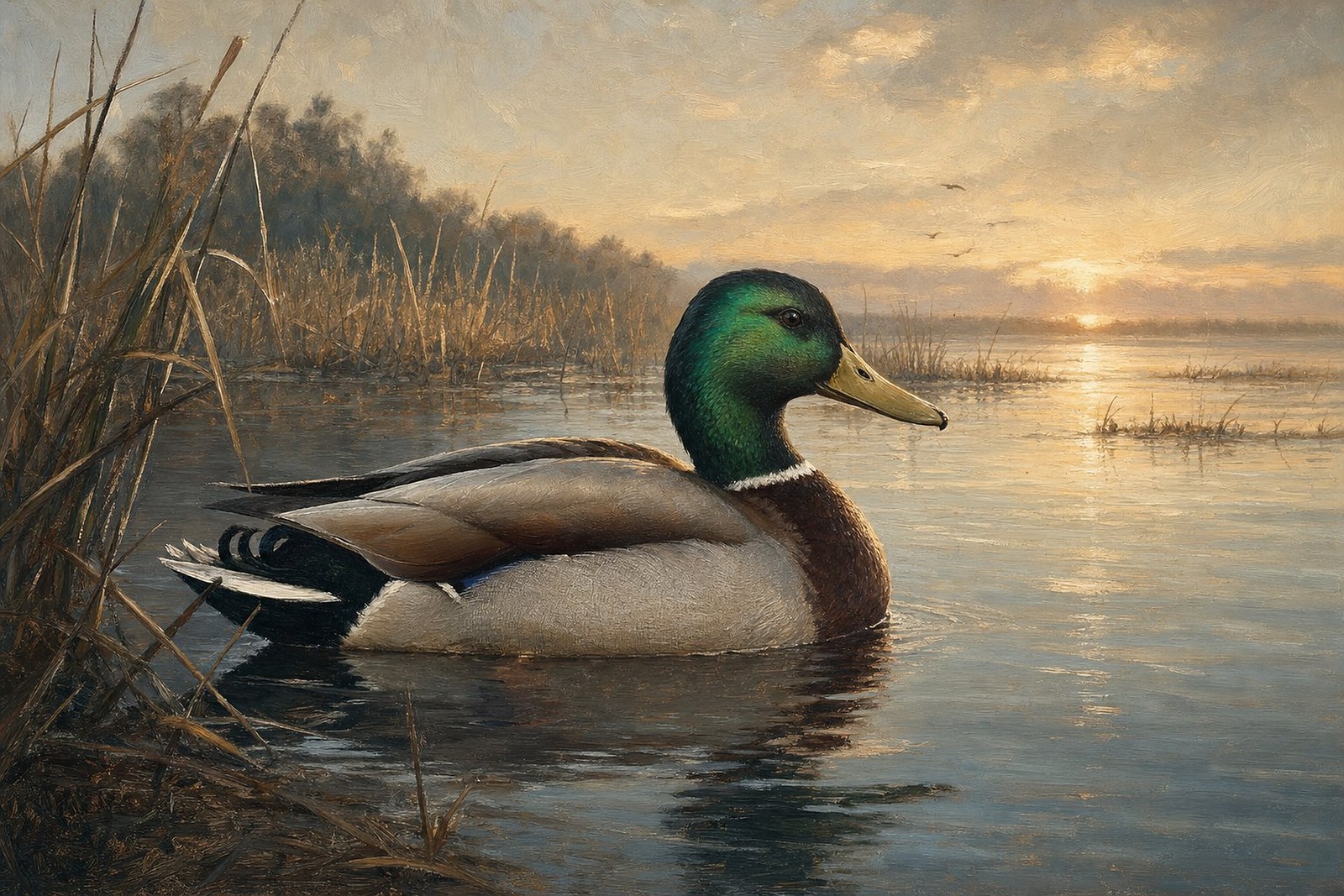Mallard Drake at Dawn, oil-painting-style print