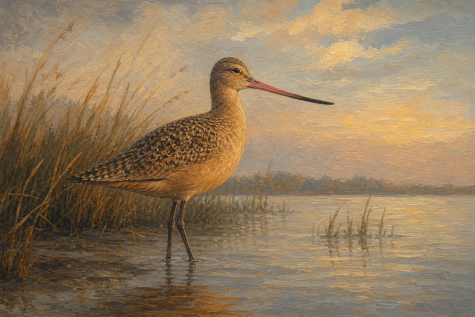 Marbled Godwit in Warm Shore Light, oil-painting-style print