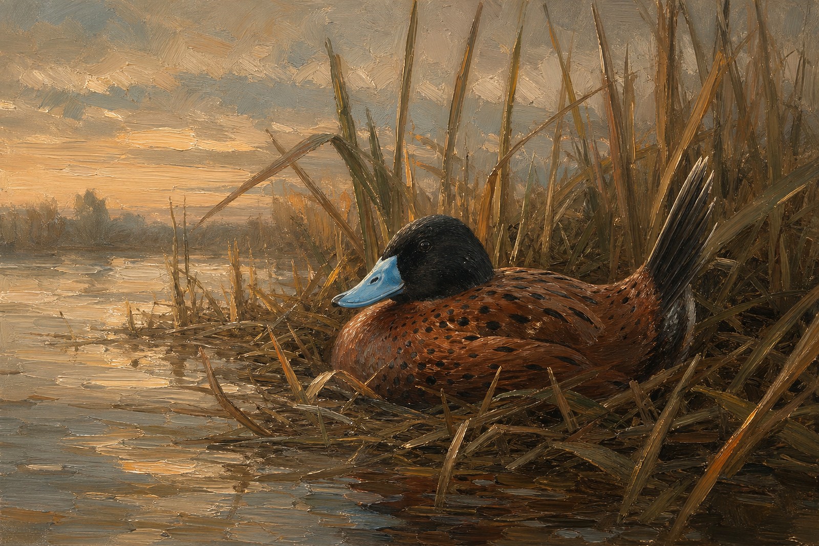 Masked Duck in Southern Reeds, oil-painting-style print