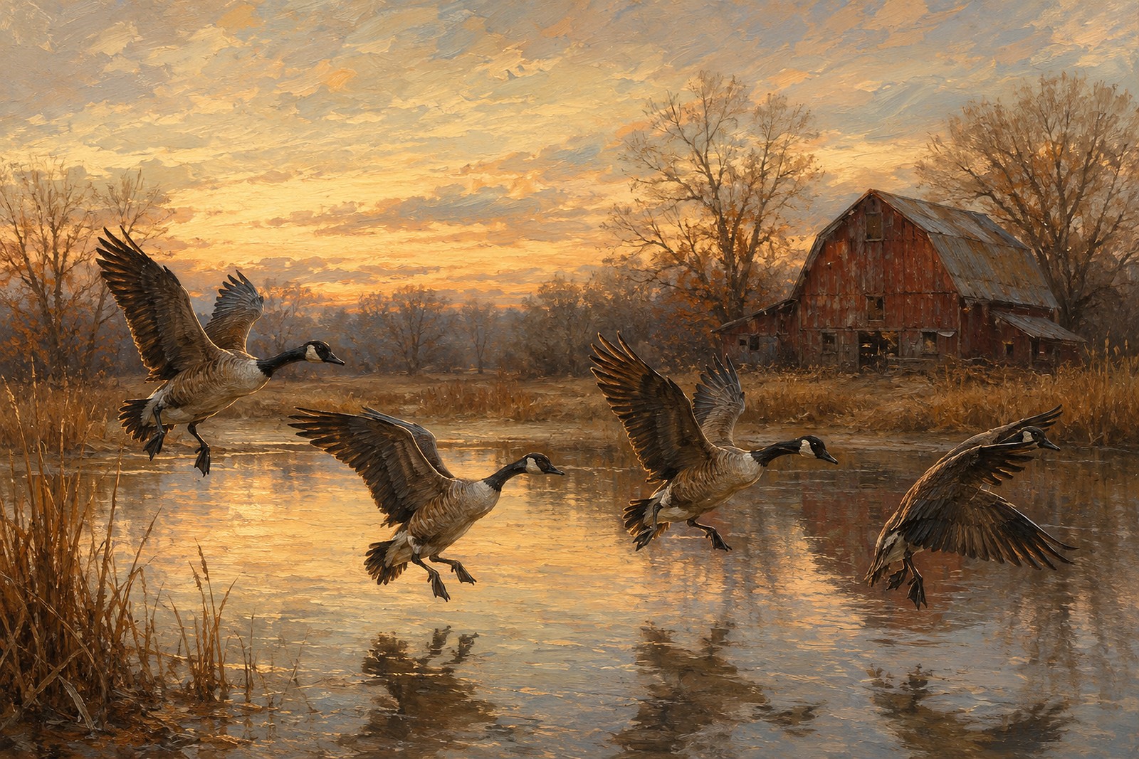 Migration Over the Old Farm Pond, oil-painting-style print