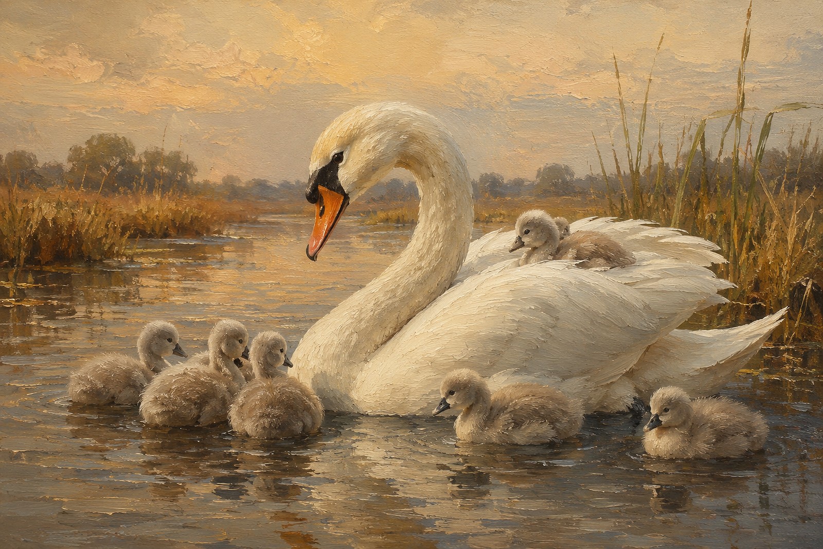 Mute Swan with Cygnets, oil-painting-style print