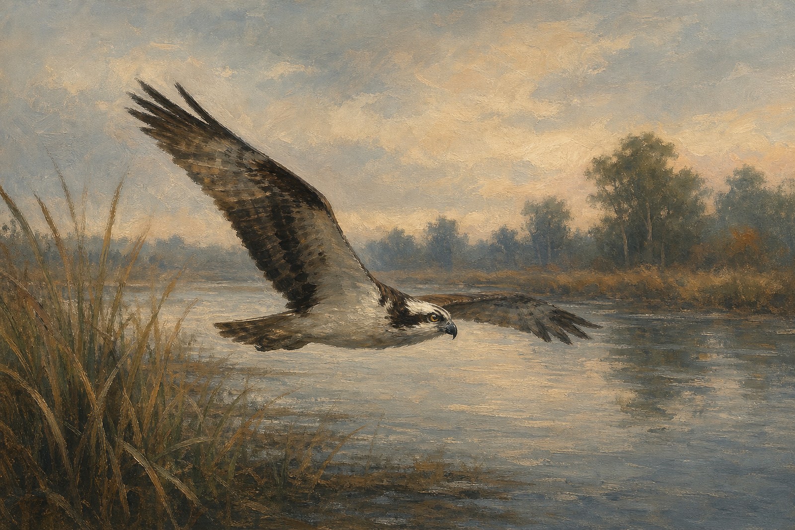 Osprey Over Wetland Water, oil-painting-style print