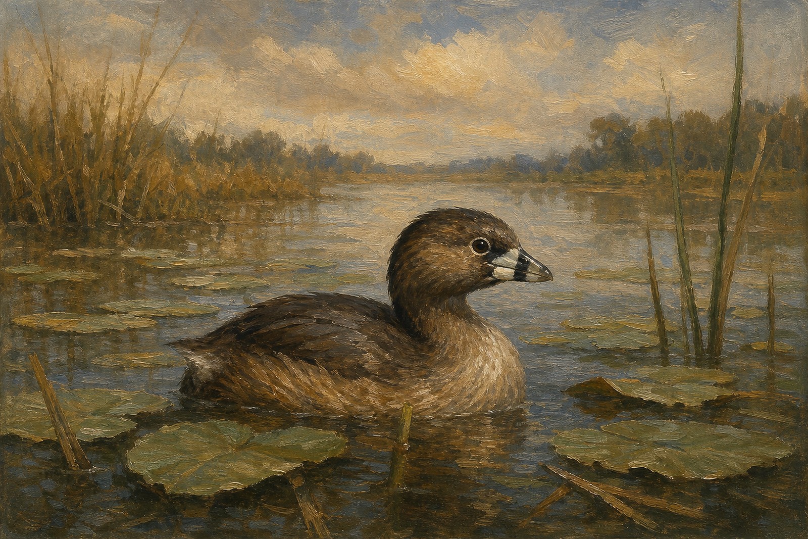 Pied-billed Grebe in Lily Pads