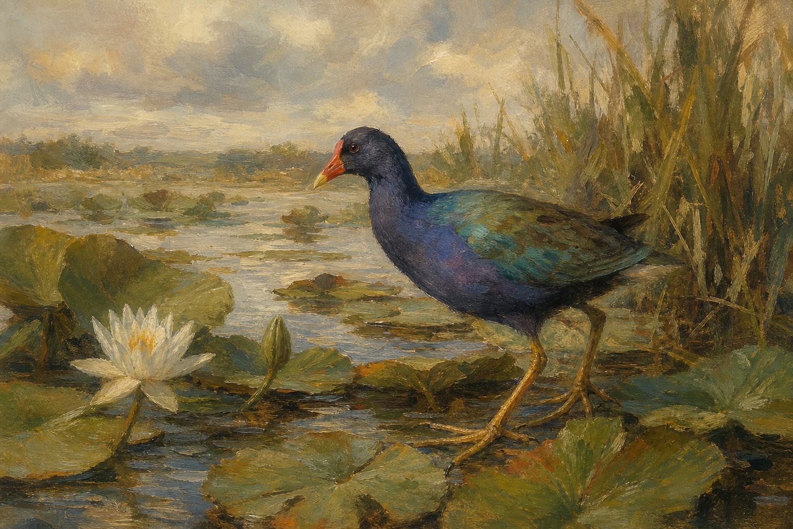 Purple Gallinule on Water Lilies, oil-painting-style print