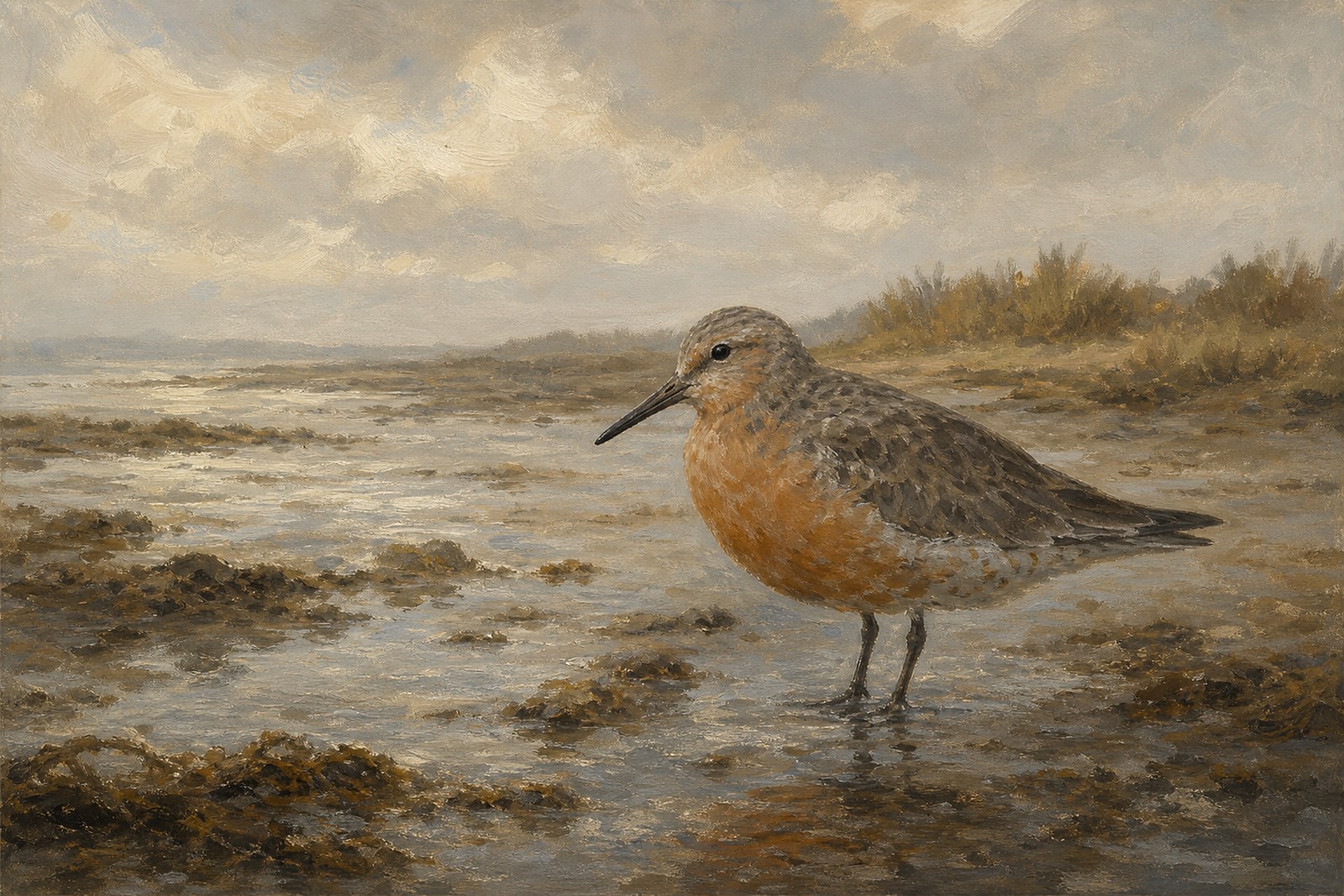 Red Knot in Soft Atlantic Light, oil-painting-style print