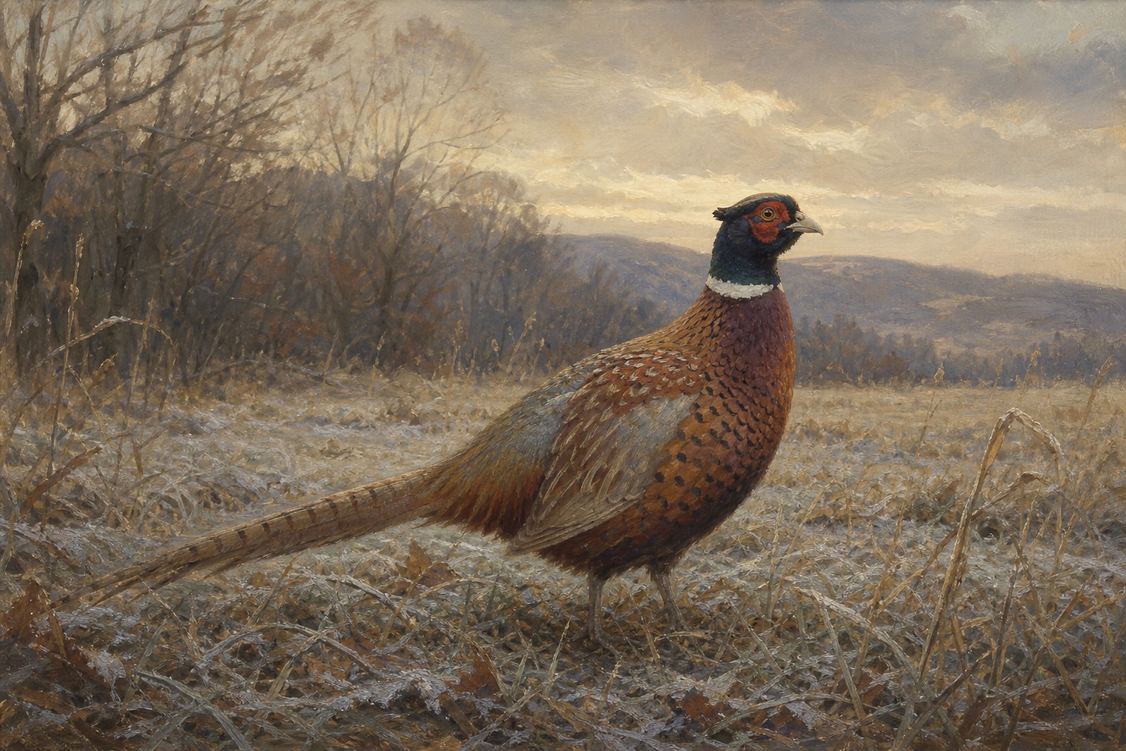 Ring-necked Pheasant in Frosted Field