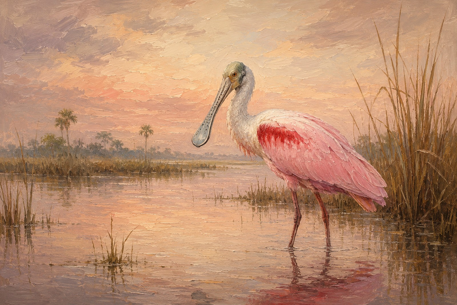Roseate Spoonbill in Soft Pink Marsh, oil-painting-style print