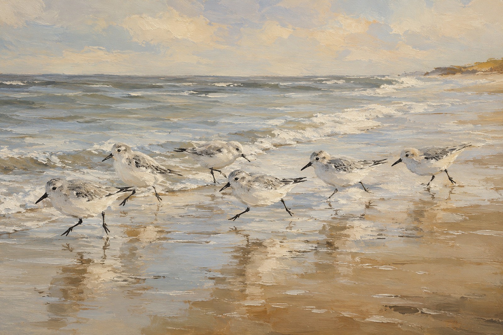 Sanderling Flock Along Tideline, oil-painting-style print