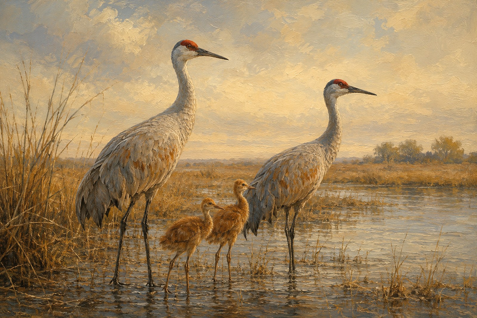 Sandhill Crane Family in Prairie Wetland, oil-painting-style print