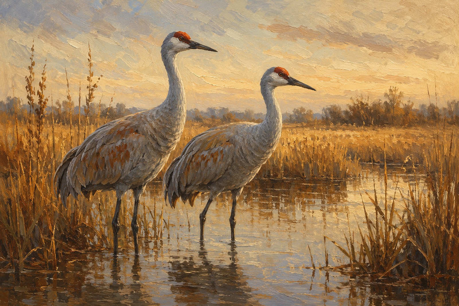 Sandhill Crane Pair in Golden Marsh, oil-painting-style print