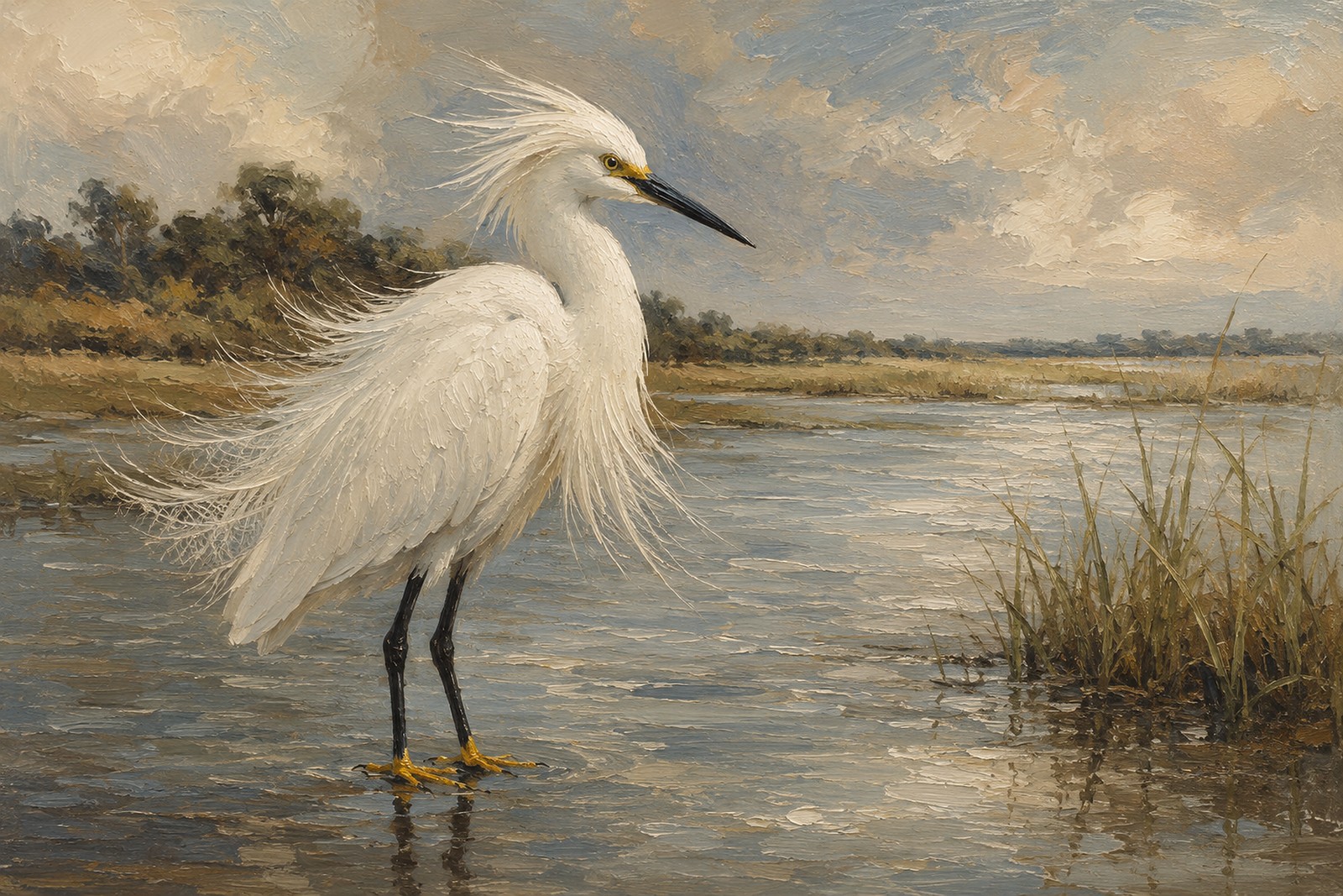 Snowy Egret with Wind-Lifted Plumes, oil-painting-style print