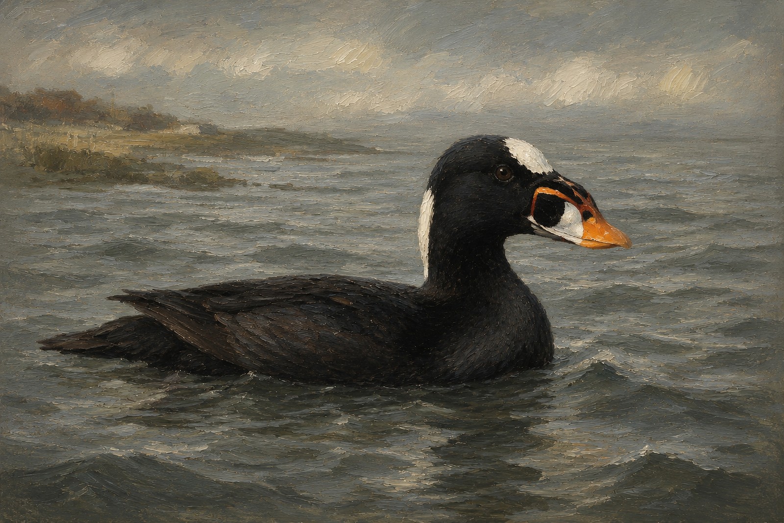 Surf Scoter on Grey Coastal Water, oil-painting-style print