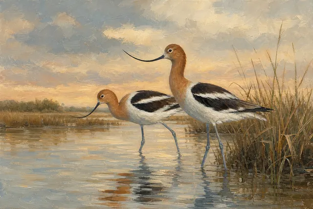 American Avocets in Shallow Water, oil-painting-style print